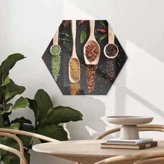 Hexagon Wandbild Kräuter und Gewürze auf Holzlöffel - Dingemans - Alu-Dibond 