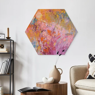 Hexagon Wandbild Abstrakter bunter Rosengarten - Fagan - Alu-Dibond 