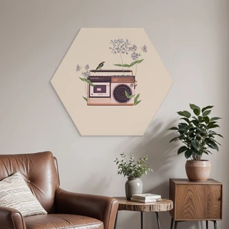 Hexagon-Wandbild Retro Radio floral - Frida Floral Studio - Alu-Dibond 