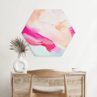 Hexagon Dibond Penseelstreken roze en turquoise - Haniff 