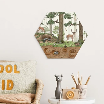 Zeshoek Wanddecoratie verborgen voorwerp bosdieren - Kikki Belle - aluminium dibond Zeshoek Wanddecoratie verborgen voorwerp bosdieren - Kikki Belle - aluminium dibond