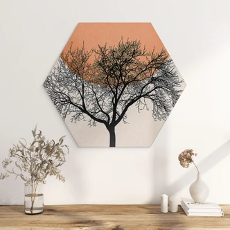 Hexagon Dibond Vintermorgen i ferskenfarver - Kubistika Hexagon Dibond Vintermorgen i ferskenfarver - Kubistika