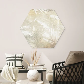 Hexagon Dibond Abstracte witte palmbladeren - Kulik 
