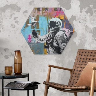 Hexagon Wandbild Astronaut mit Taube - Kuryliuk - Alu-Dibond 