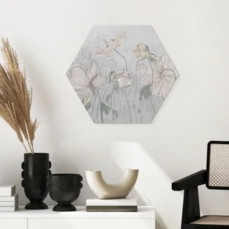Hexagon Wandbild Blumen im Vintage Stil in Grau - Ms Tiff - Alu-Dibond 