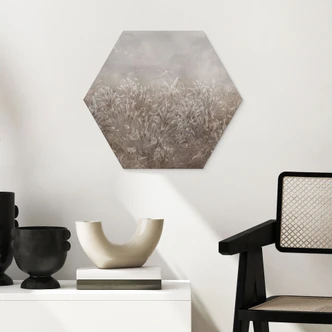 Zeshoek Wanddecoratie Pampasgras en grassen in beige - Ms Tiff - Alu-Dibond 