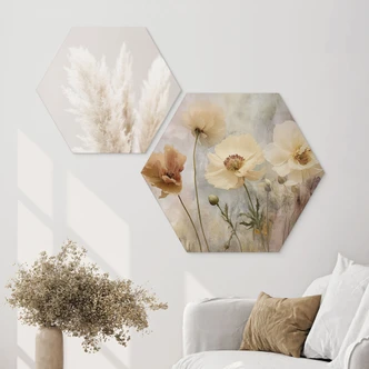 Hexagon Wandbild Blumenpracht in warmen Pastelltönen - Paksoylu - Alu-Dibond 