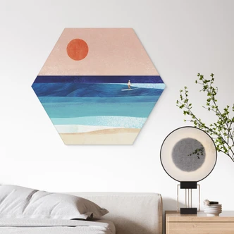 Hexagon Wandbild Surfer Mädchen beim Sonnenuntergang - Rivers - Alu-Dibond 