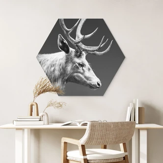 Zeshoek Wanddecoratie hert met gewei zwart-wit - Roberg - Aluminium dibond Zeshoek Wanddecoratie hert met gewei zwart-wit - Roberg - Aluminium dibond