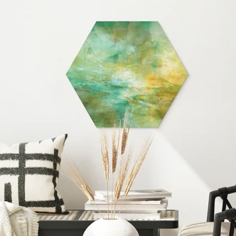 Hexagon Wall Art Abstract Horizon in Lime Green - Schmucker - Alu-Dibond 