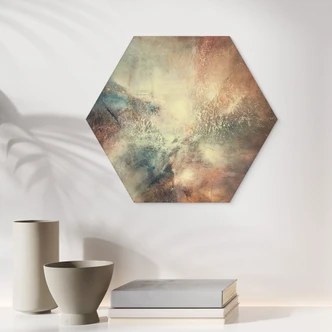 Hexagon Wandbild Abstrakter Nebel im Goldlicht - Schmucker - Alu-Dibond 