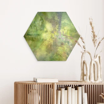 Hexagon Wandbild Farbenspiel aus Goldgrün - Schmucker - Alu-Dibond 
