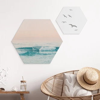 Hexagon Dibond Blauwe zee ontmoet roze lucht in Griekenland - Sisi & Seb 