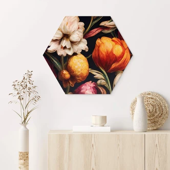 Hexagon Dibond Treechild - Bloemkelken in oker en roze 