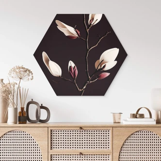 Hexagon Wandbild Edle Magnolienblüten - Alu-Dibond - Treechild 
