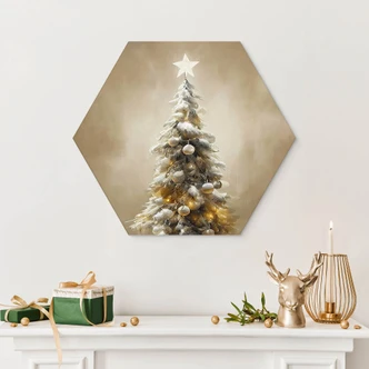 Hexagon Wandbild Goldener Weihnachtsbaum - Treechild - Alu-Dibond 