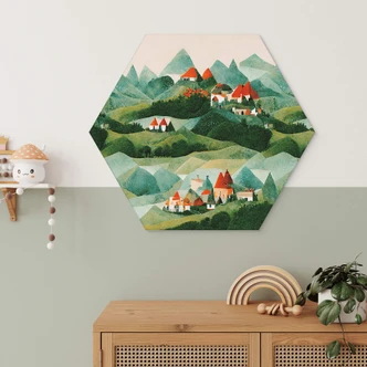 Hexagon Dibond Treechild - Small village in the middle of green hills 