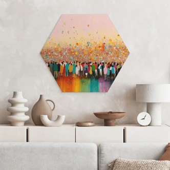 Hexagon Wandbild Treechild - Lebensfreude bunter Menschen - Alu-Dibond 