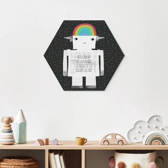 Hexagon Wandbild Regenbogen-Roboter Sleep Laugh Create - Treechild - Alu-Dibond 