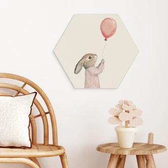 Hexagon Wandbild Süßer Hase mit Luftballon - Treechild - Alu-Dibond 