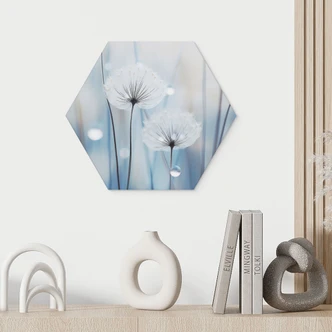 Hexagon Wandbild Tauperlen auf Pusteblumen - Treechild - Alu-Dibond 