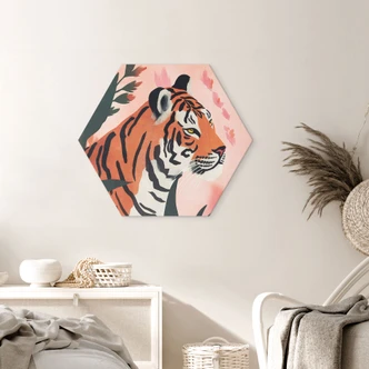 Hexagon Dibond Tijger in een roze jungle - Treechild 