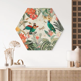 Hexagon Dibond Exotische jungle met papegaaien - UN Designs 
