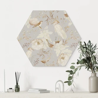 Hexagon Dibond Vogels tussen witte bloemen - UN Designs 
