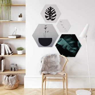 Hexagon Alu-Dibond Zilvereffect Kubistika - Abstract Flower 