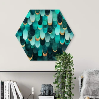 Hexagon Dibond Fredriksson - Turquoise Feathers 
