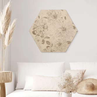 Hexagon Holzbild Dahlien Shabby Chic Beige - Bloomery Decor 