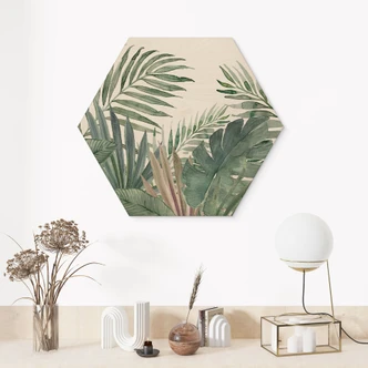 Hexagon Holzbild Dschungel-Blätter Grün Aquarell - Bloomery Decor 