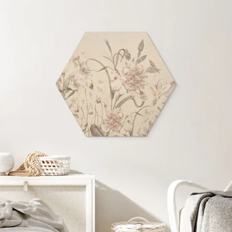 Sekskantet billede af træ Blomstereng i lyserød - Bloomery Decor 