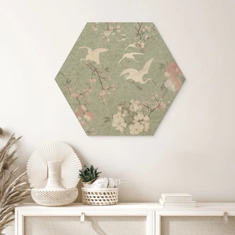 Sekskantede billeder af træ i kirsebærblomstrende grøn - Bloomery Decor 