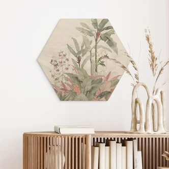 Sekskantet billede af træ tropisk idyl med kolibri blå - Bloomery Decor 