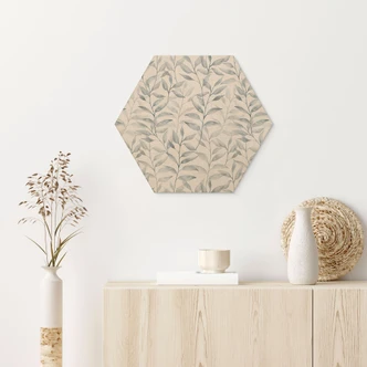 Sekskantet Billede af træ Delikate akvarelblade - blød grå - Bloomery Decor 