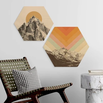 Hexagon Holzbild Retro Berglandschaft - Bodart Hexagon Holzbild Retro Berglandschaft - Bodart