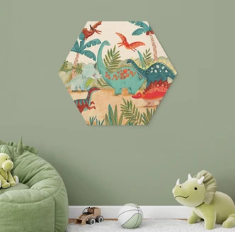 Tableau bois hexagonal Dinosaures colorés dans la forêt préhistorique - Bonne Müller 