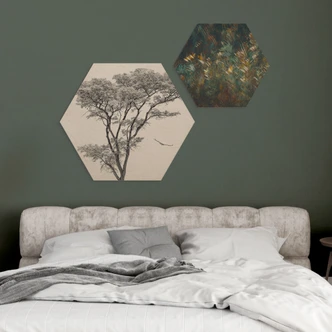 Hexagon Holzbild Minimalistischer Baum in ruhiger Landschaft - Flour 