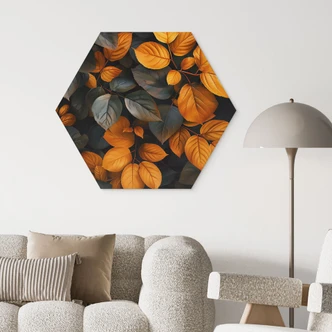 Tableau sur bois Hexagon Feuilles lumineuses en automne - Jaszke 