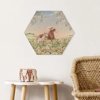 Sekskantet billede af træ Heste i blomsterengen - Kikki Belle 