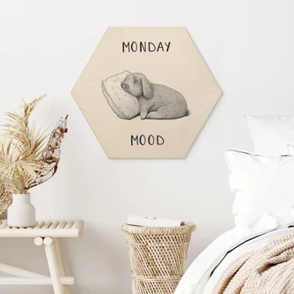 Hexagon wood picture Monday mood - Hare on Monday morning - Korenkova Hexagon wood picture Monday mood - Hare on Monday morning - Korenkova