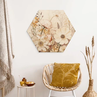 Tableau sur bois hexagonal Vintage Fleurs dans la prairie - Lola Peacock 
