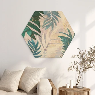 Tableau sur bois hexagonal Feuilles de palmier exotiques en or-vert - Manovski 