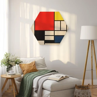 Hexagon - Holz Mondrian - Komposition mit Rot Gelb Blau und Schwarz 