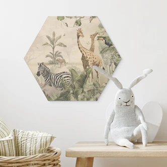 Hexagon-Holzbild Dschungeltiere auf großer Safari - Ms Tiff Hexagon-Holzbild Dschungeltiere auf großer Safari - Ms Tiff