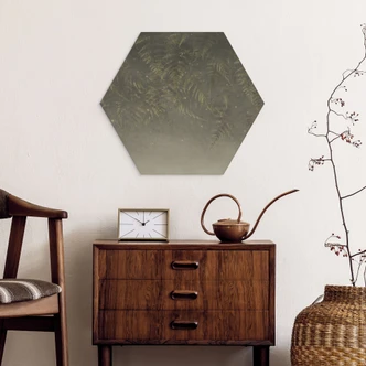 Hexagon Holzbild Farn im Nebelwald in Grün - Ms Tiff 