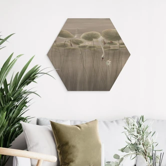 Houten Wanddecoratie lotusbloemen met zwaan in het water in grijs - Ms Tiff 