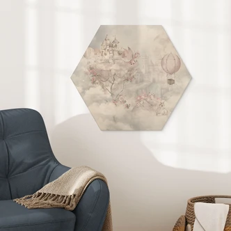 Hexagon-Holzbild Märchenwelt mit Schloss und Einhorn - Ms Tiff 