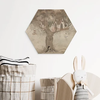 Hexagon Holzbild Magisches Baumhaus mit Feen - Ms Tiff 